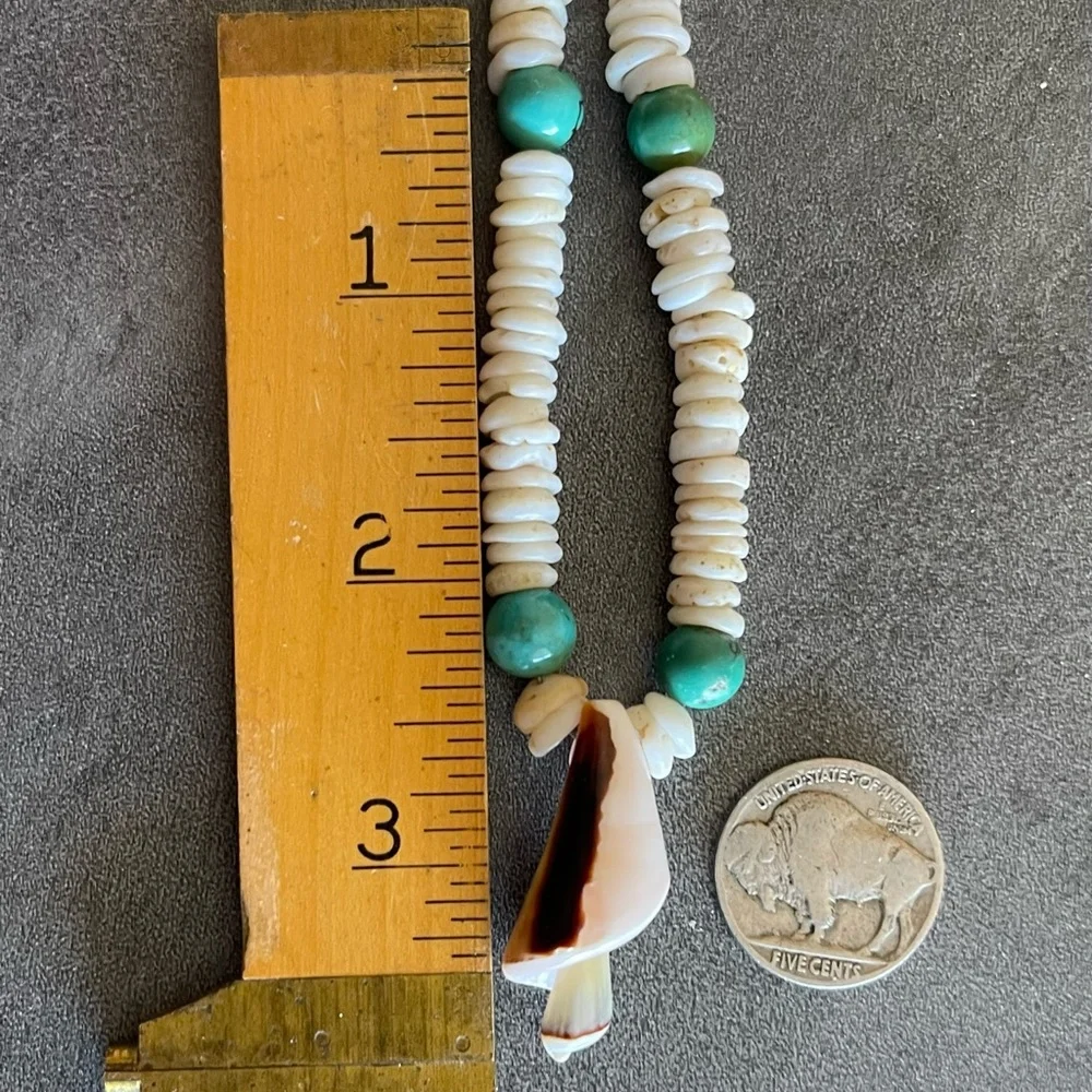 Puka Shells & Turquoise Colored Glass Bead Necklace